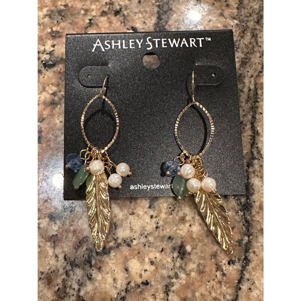Ashley Stewart Gold Leaf Drop Earrings with Blue, Green & Pearl Beads